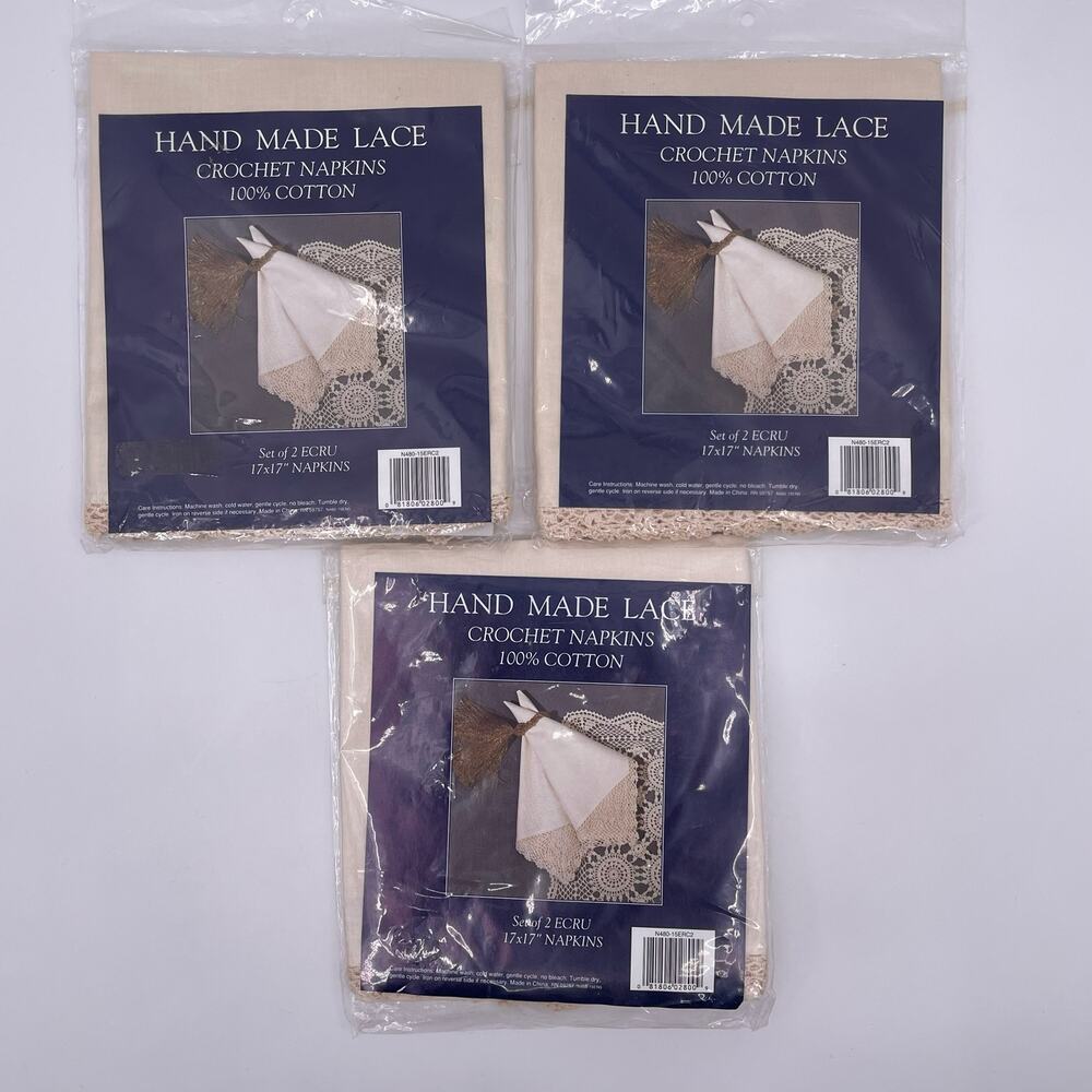 6 Fabric Napkins Keeco Ecru Cotton Hand Made Lace Crochet Edge Corner NOS NEW